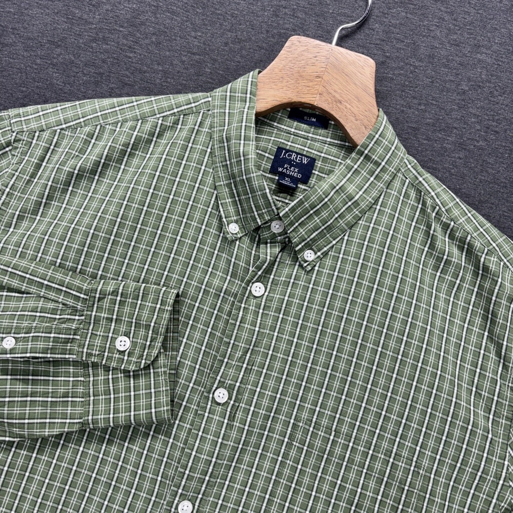 J Crew Flex Washed Shirt Mens XL Slim Fit Green Check Long Sleeve Button Down